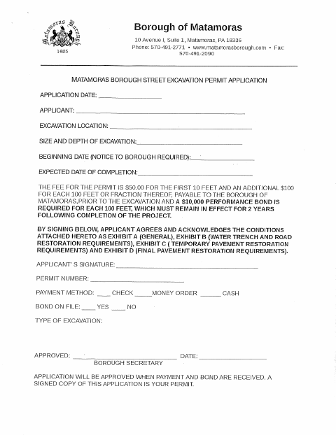 First page of the Street Excavation Permit Application