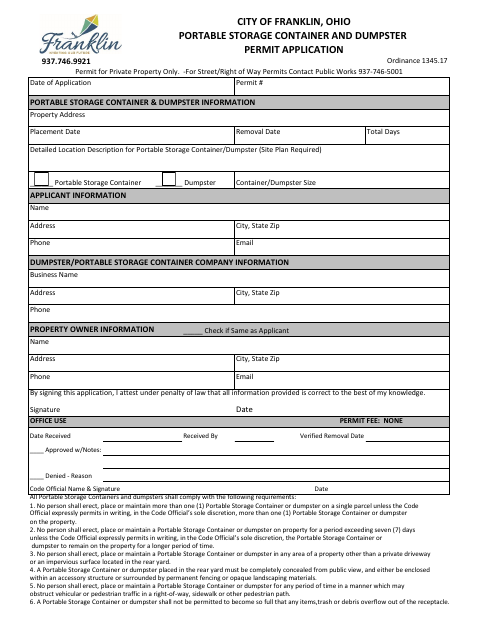 First page of the Portable Storage Container and Dumpster Permit Application