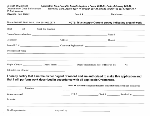 First page of the Zoning Work Permit Application