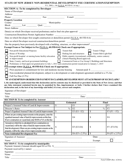 First page of the Non-Residential Development Fee Certification/Exemption