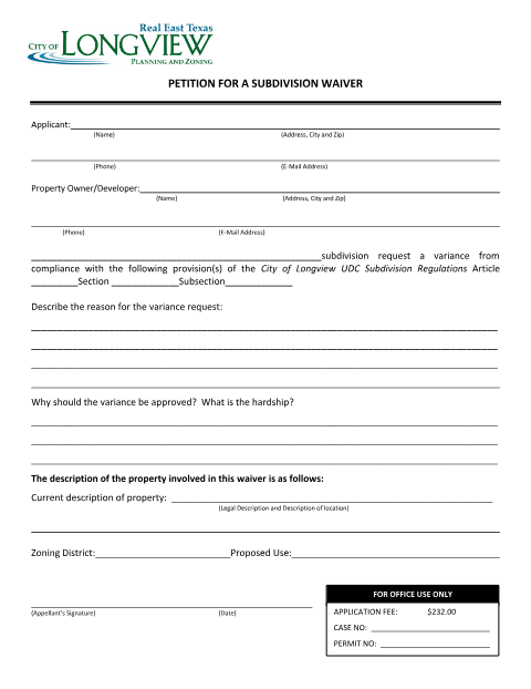 First page of the Petition for a Subdivision Waiver
