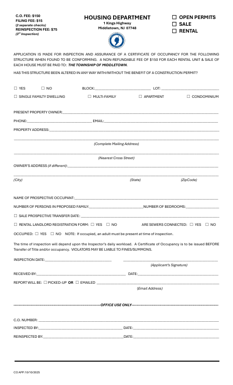 First page of the Application for Residential Certificate of Occupancy