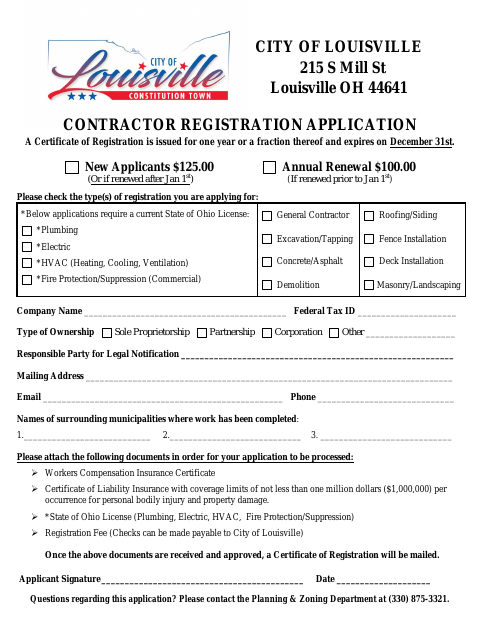 First page of the Contractor Registration Application