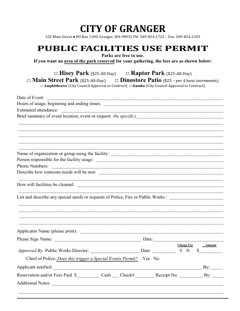 First page of the Public Facilities Use Permit