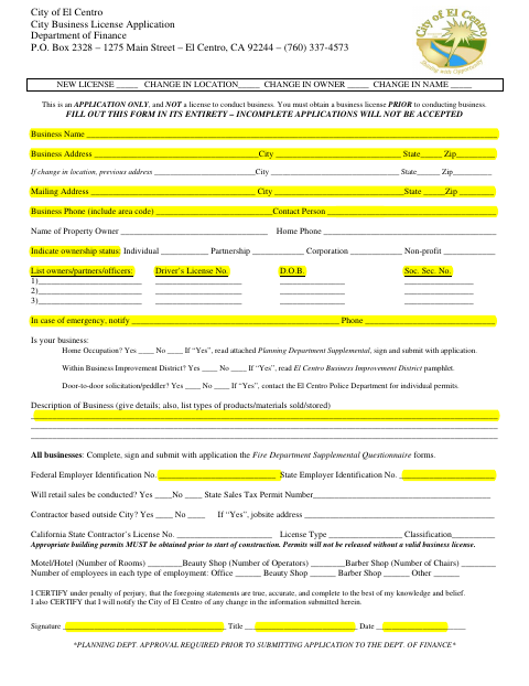 First page of the City Business License Application