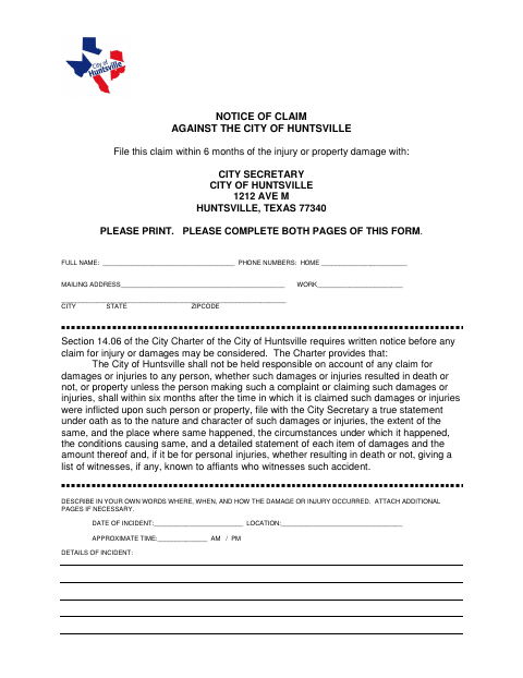First page of the Notice of Claim Against the City