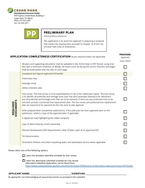 First page of the Preliminary Plan Application & Checklist
