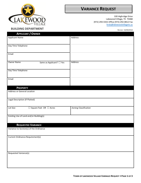 First page of the Variance Request
