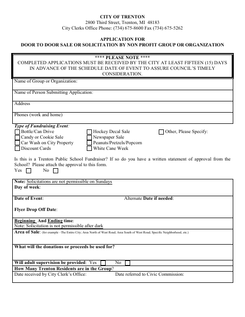 First page of the Application for Door-to-Door Sale or Solicitation