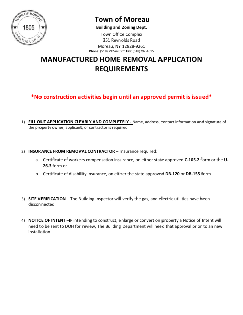First page of the Manufactured Home Removal Permit Application