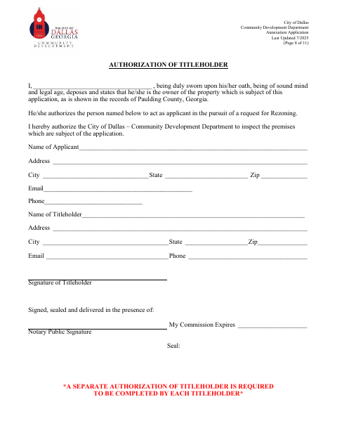 First page of the Authorization Of Titleholder