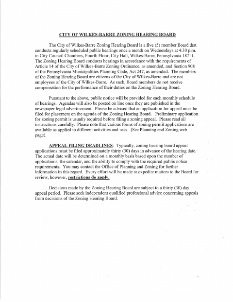 First page of the Zoning Hearing Board Appeals Application
