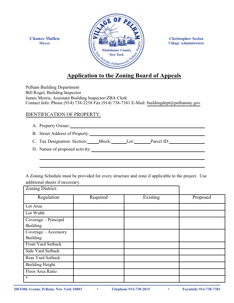 First page of the Zoning Board of Appeals Application