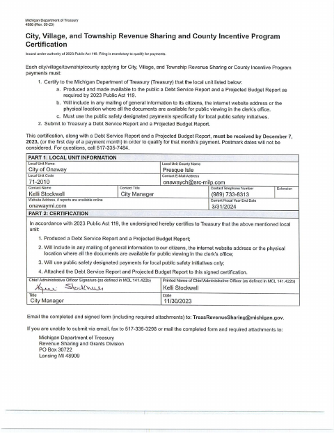 First page of the City, Village, and Township Revenue Sharing and County Incentive Program Certification