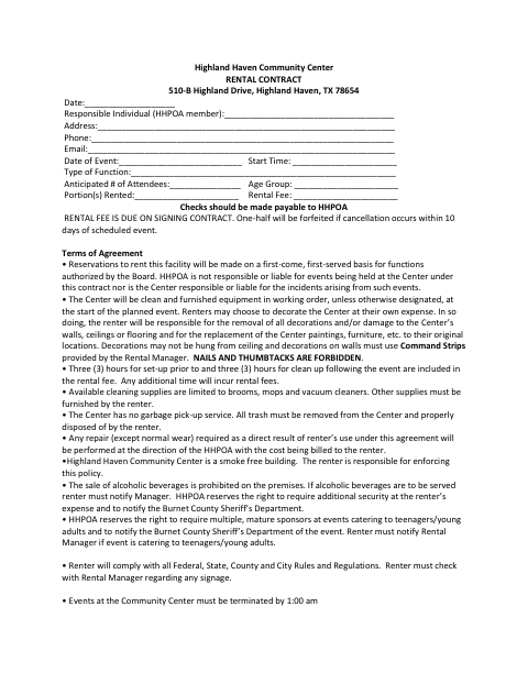 First page of the Community Center Rental Contract