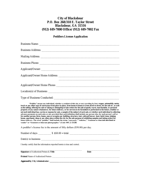 First page of the Peddler License Application