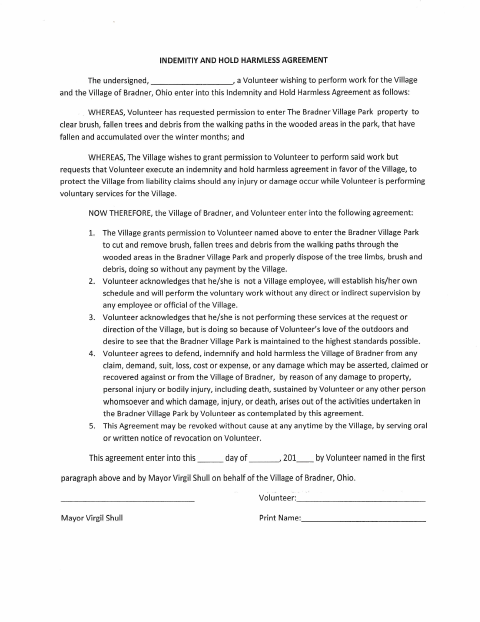 First page of the Volunteer Indemnity and Hold Harmless Agreement