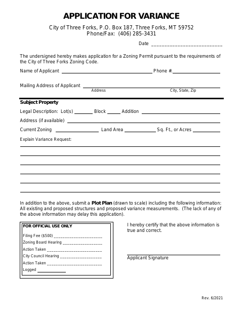 First page of the Application for Variance
