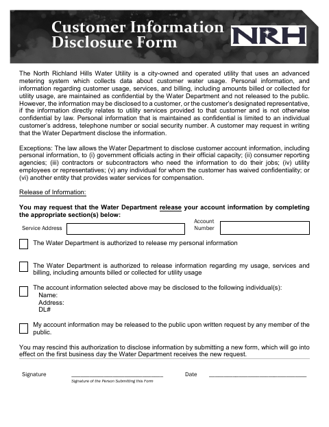 First page of the Customer Information Disclosure Form