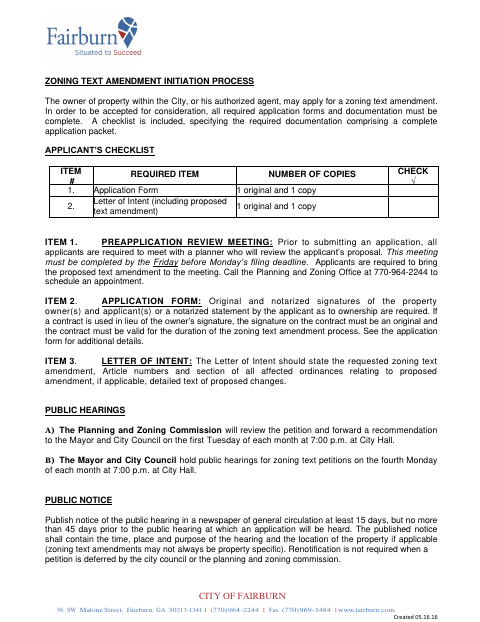 First page of the Zoning Text Amendment Application