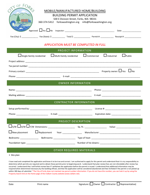 First page of the Mobile/Manufactured Home/Building Building Permit Application