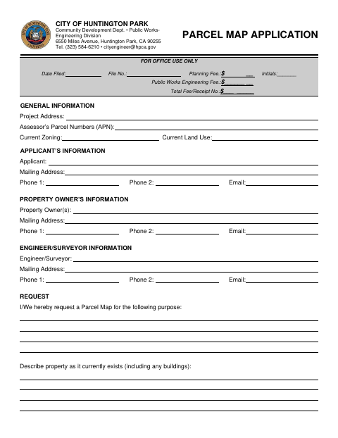 First page of the Parcel Map Application