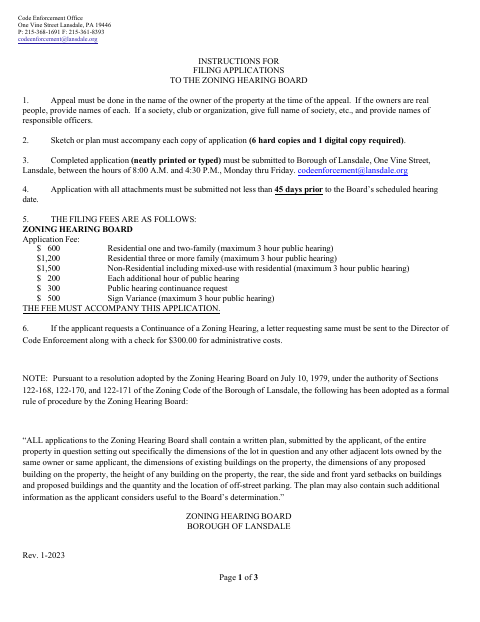 First page of the Zoning Hearing Board Application
