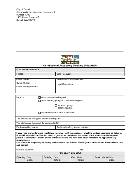 First page of the Certificate of Accessory Dwelling Unit (ADU)