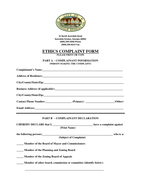 First page of the Ethics Complaint Form