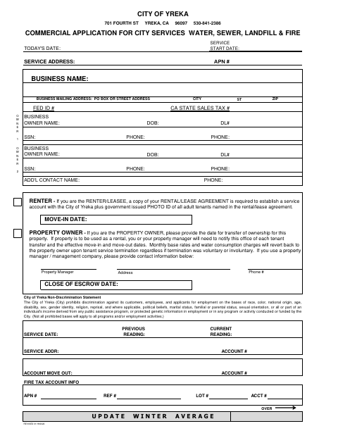 First page of the Commercial Utility Service Application