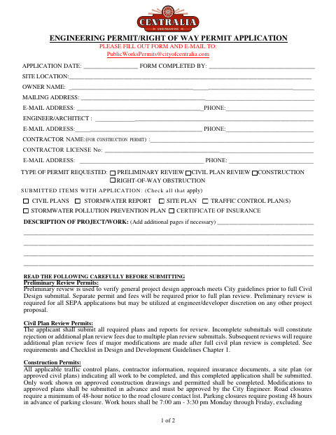 First page of the Engineering Permit / Right of Way Permit Application