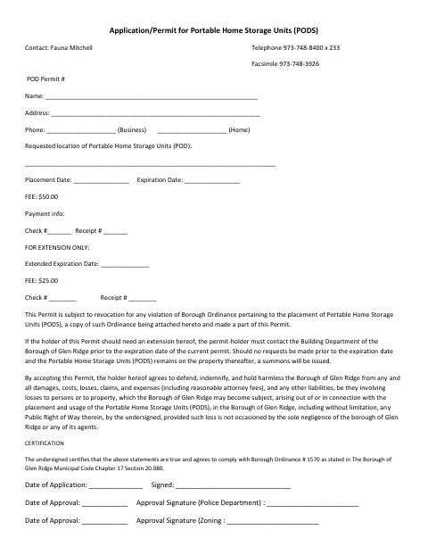 First page of the Application/Permit for Portable Home Storage Units (PODS)
