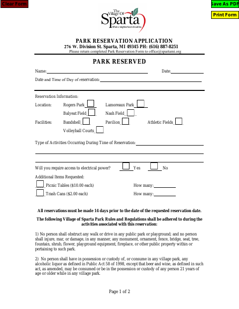 First page of the Park Reservation Application