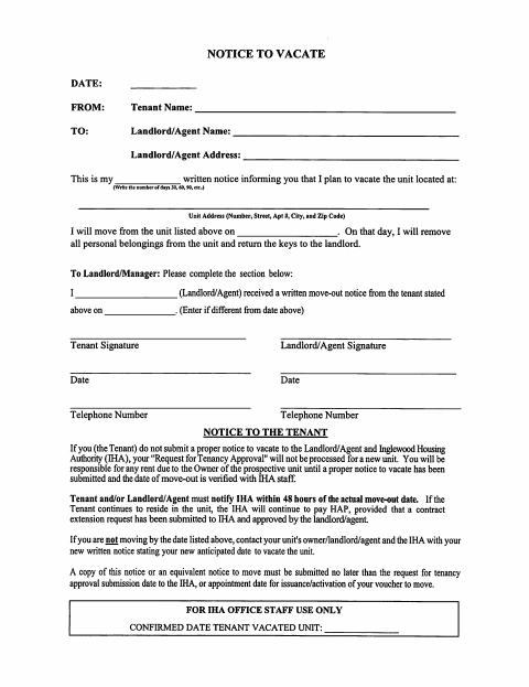First page of the Notice to Vacate