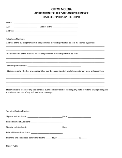 First page of the Application for the Sale and Pouring of Distilled Spirits by the Drink