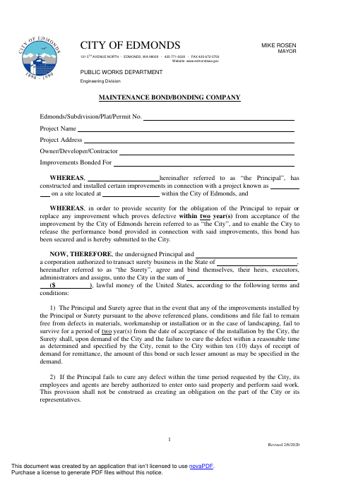 First page of the Subdivision Maintenance Bond – Bonding Company