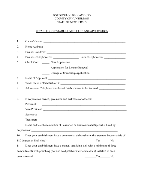First page of the Retail Food Establishment License Application