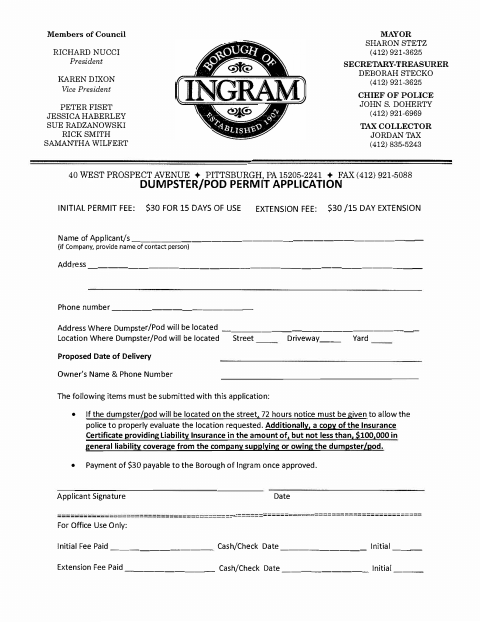 First page of the Dumpster/Pod Permit Application