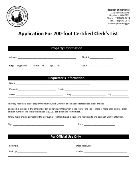First page of the Application for 200-Foot Certified Clerk’s List