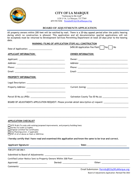 First page of the Board of Adjustments Variance Request Application
