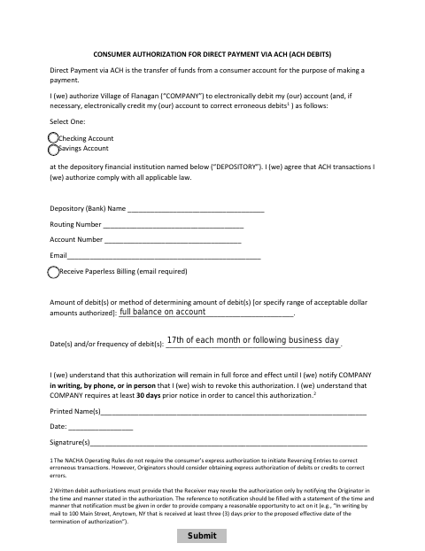 First page of the Consumer Authorization for Direct Payment Via ACH (ACH Debits)