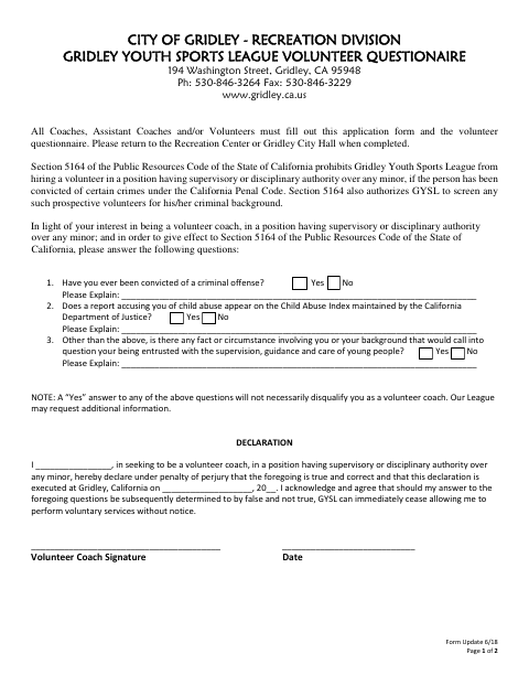 First page of the Volunteer Application