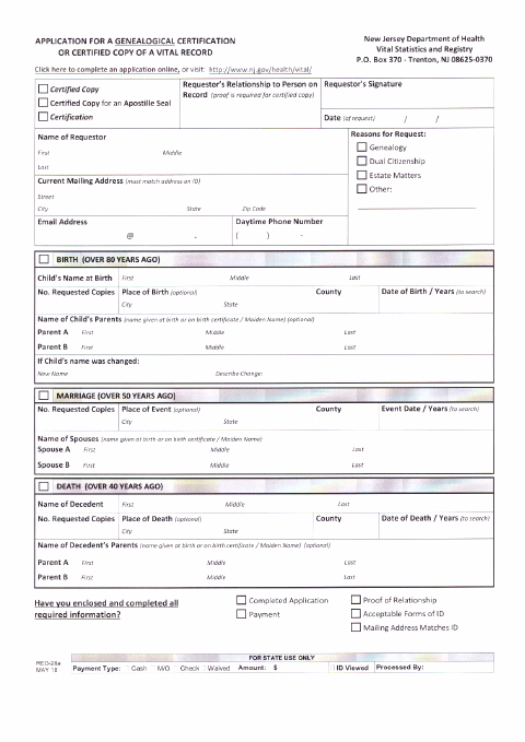 First page of the Genealogical Records Request Application