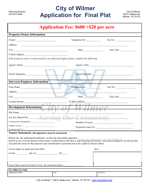 First page of the Final Plat Application