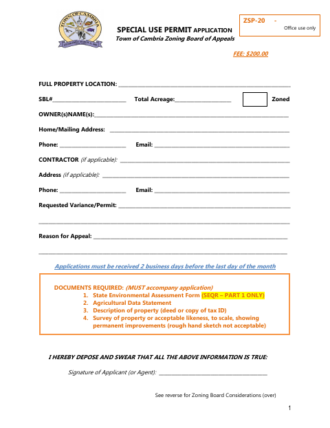 First page of the Special Use Permit Application