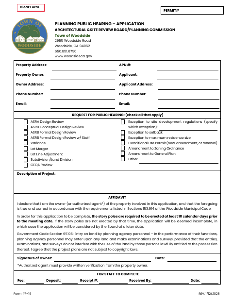 First page of the Planning Public Hearing Application