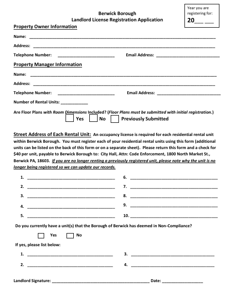 First page of the Landlord License Registration Application