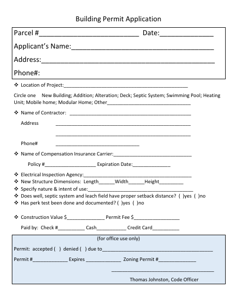 First page of the Building Permit Application
