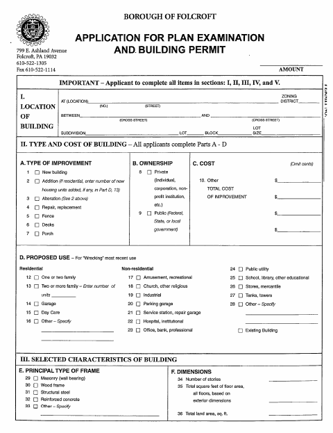 First page of the Application for Plan Examination and Building Permit