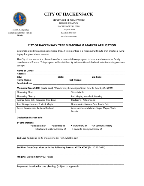 First page of the Tree Memorial & Marker Application